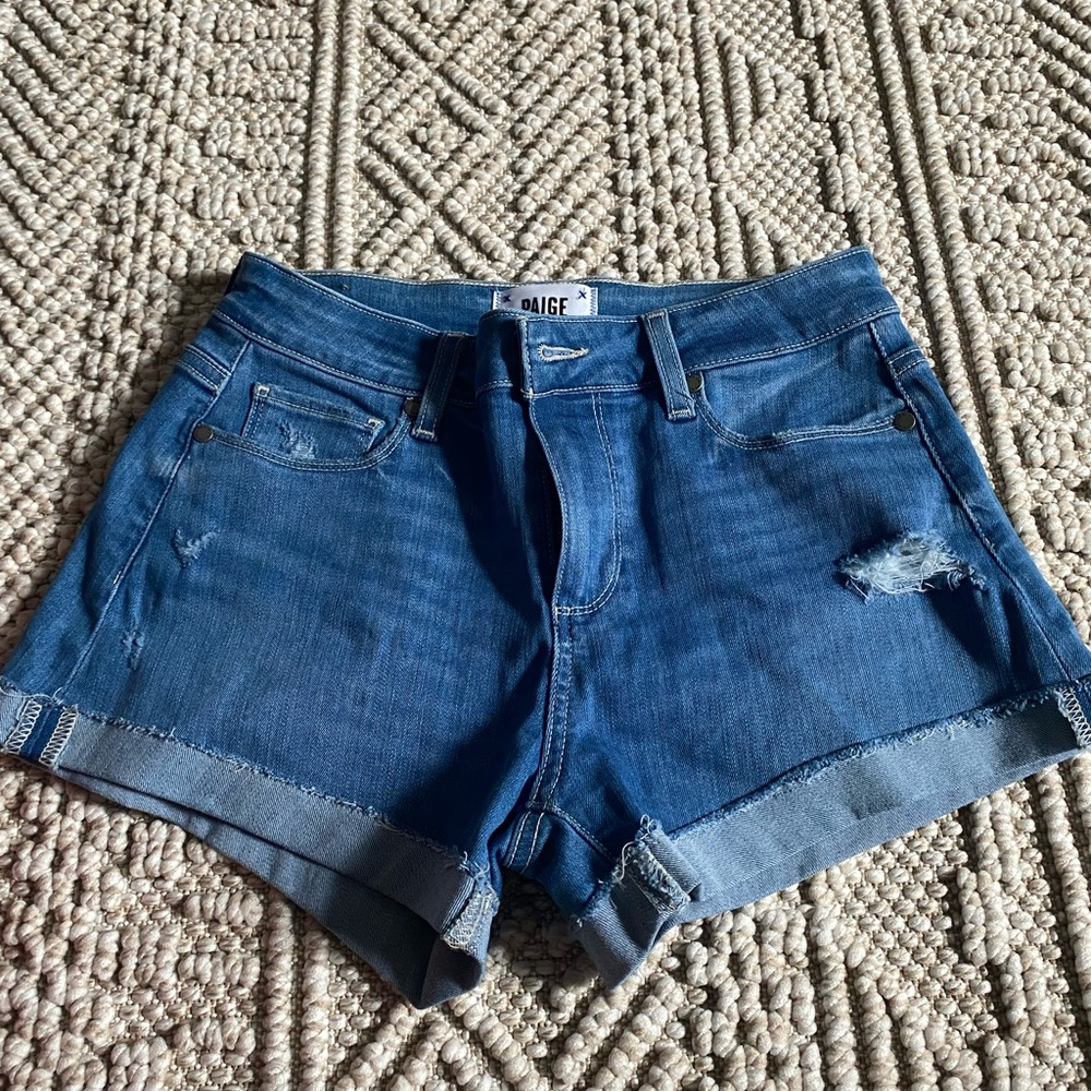 PAIGE Blue Jean Shorts with Distressed Cuffed Hem